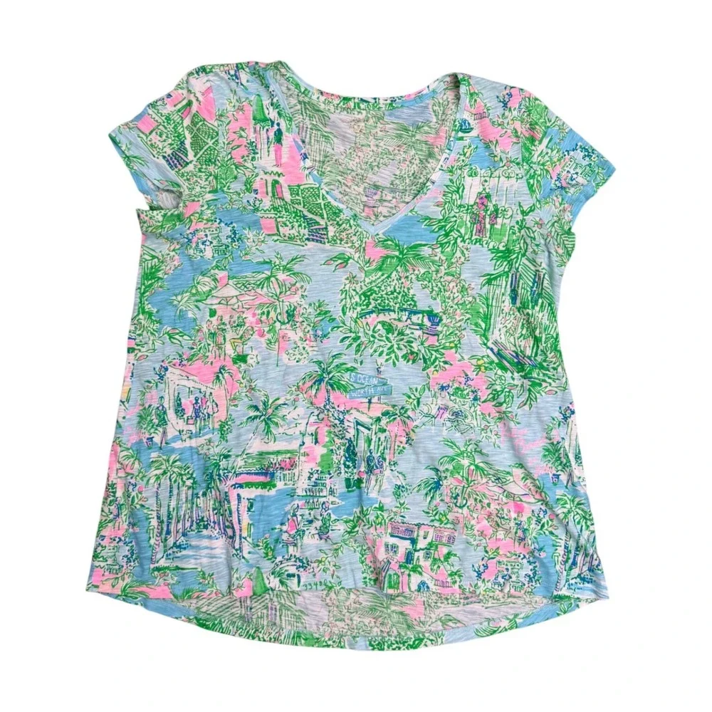 Lilly Pulitzer Etta V-Neck Tee Ocean Worth Ave Scenic Print Green Pink L preppy